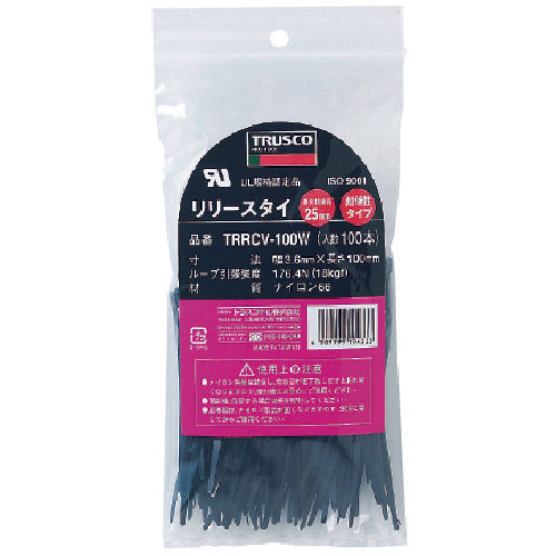 ＴＲＵＳＣＯ　リリースタイ　幅３．６ｍｍＸ１００ｍｍ　最大結束Φ２５　耐候性　TRRCV-100W　1 袋