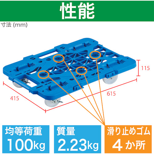 ＴＲＵＳＣＯ　樹脂製平台車　連結式ルートバン　メッシュタイプ　６１５Ｘ４１５　ナイロン車輪　４輪自在　ストッパー付　青　MPK-600NJS-B　1 台