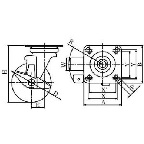 유에이 플레이트 식 자재 캐스터 우레탄 바퀴 지름 75mm 스토퍼 부착 J타입 J-S형 설치 치수 63×63 GUJ-75S 1개
