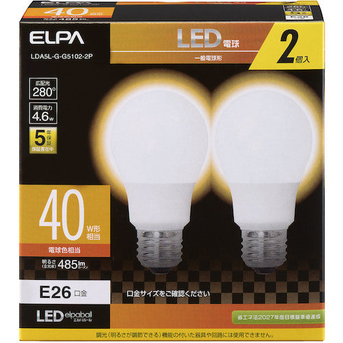 ＥＬＰＡ　ＬＥＤ電球Ａ形　広配光　　LDA5L-G-G5102-2P　1 箱