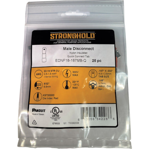 Stronghold nylon insulated crimp terminal, male type, wire size: AWG22-16/0.3-1.25sq, 187 tabs, 25 pieces, EDNF18-187MB-Q, EDNF18-187MB-Q, 1 bag