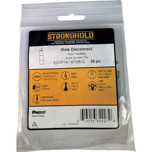 Stronghold nylon insulated crimp terminal, male type, wire size: AWG16-14/1.25-2sq, 187 tab, 25 pieces, EDNF14-187MB-Q, EDNF14-187MB-Q, 1 bag