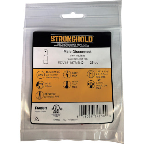 스트롱 홀드 비닐 절연 피복 부착 압착 단자 수형 전선 사이즈：AWG22~16/0.3~1.25sq 187 탭용 25개들이 EDV18-187MB-Q EDV18-187MB-Q 1봉