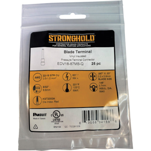 스트롱 홀드 비닐 절연 피복 부착 블레이드 단자 전선 사이즈：AWG22∼18/0.3∼0.75sq 25개들이 EDV18-87MB-Q EDV18-87MB-Q 1봉