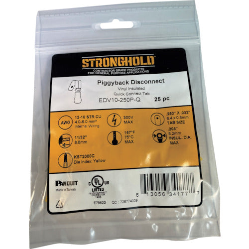 스트롱 홀드 Piggy Back 비닐 절연 피복 부착 압착 단자 전선 사이즈：AWG12~10/3.5~5.5sq 250 탭용 25개들이 EDV10-250P-Q EDV10-250P-Q 1봉투