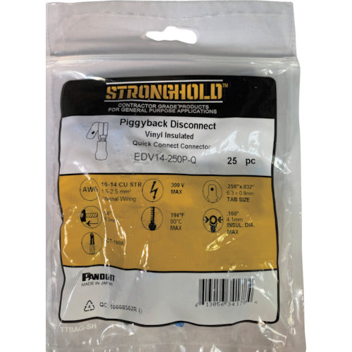 스트롱 홀드 Piggy Back 비닐 절연 피복 부착 압착 단자 전선 사이즈：AWG16~14/1.25~2sq 250 탭용 25개들이 EDV14-250P-Q EDV14-250P-Q 1봉투