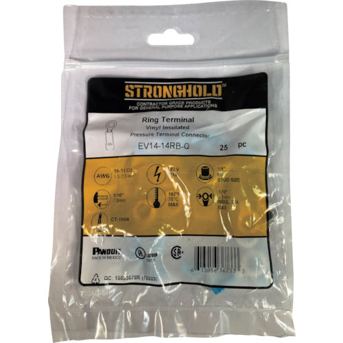 스트롱 홀드 비닐 절연 피복 부착 압착 단자(원형) 전선 사이즈: AWG16~14/1.25~2sq 설치 나사: M6 25개들이 EV14-14RB-Q EV14-14RB-Q 1봉투