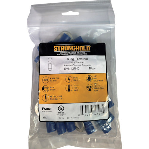 스트롱 홀드 비닐 절연 피복 부착 압착 단자(원형) 전선 사이즈: AWG6/14sq 설치 나사: M12 25개들이 EV6-12R-Q EV6-12R-Q 1봉지