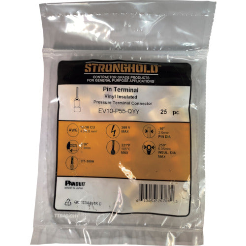 스트롱 홀드 비닐 절연 피복 부착 핀 압착 단자 전선 사이즈: AWG12~10/3.5~5.5sq 핀 사이즈: 2.5mm 25개들이 EV10-P55-QYY EV10-P55-QYY 1봉