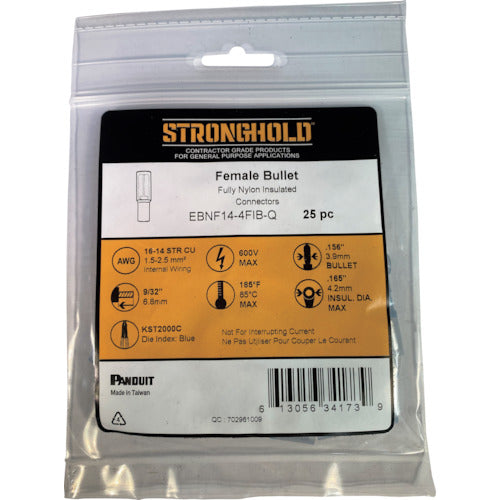 ストロングホールド　ナイロン完全絶縁被覆付メス型ギボシ端子　電線サイズ：ＡＷＧ１６〜１４／１．２５〜２ｓｑ　端子幅３．９ｍｍ用　２５個入り　ＥＢＮＦ１４−４ＦＩＢ−Ｑ　EBNF14-4FIB-Q　1 袋