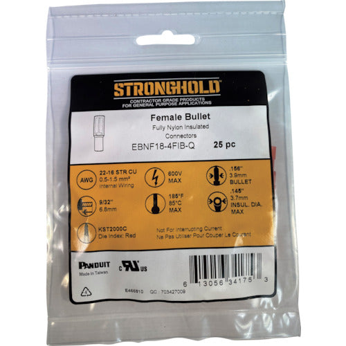 스트롱 홀드 나일론 완전 절연 피복 부착 암형 기보시 단자 전선 사이즈: AWG22~16/0.3~1.25sq 단자 폭 3.9mm용 25개들이 EBNF18-4FIB-Q EBNF18-4FIB-Q 1봉투