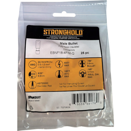 ストロングホールド　ナイロン完全絶縁被覆付オス型ギボシ端子　電線サイズ：ＡＷＧ２２〜１６／０．３〜１．２５ｓｑ　端子幅３．９ｍｍ　２５個入り　ＥＢＮＦ１８−４ＦＩＭ−Ｑ　EBNF18-4FIM-Q　1 袋