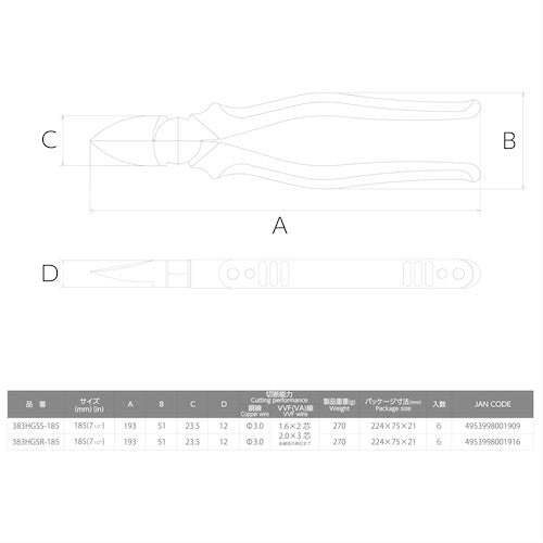 ビクター　ＶＡ線ニッパ（薄刃・ＳＴ刃・バネ付き）　383HGSS-185　1 丁