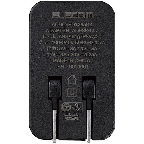 ELECOM AC Adapter for Notebook PCs PD Certified 65W Type-C1 Port GaN C-C Cable Black ACDC-PD1265BK 1 pc