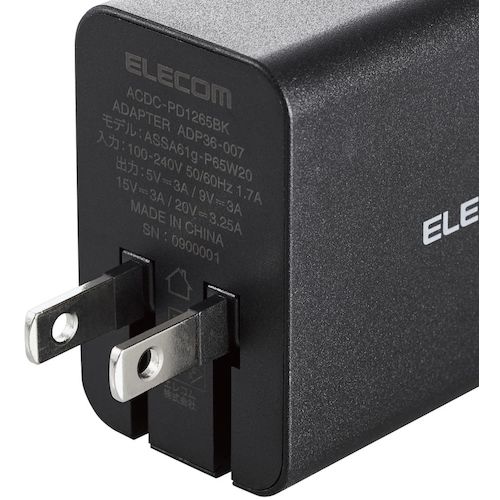 ELECOM AC Adapter for Notebook PCs PD Certified 65W Type-C1 Port GaN C-C Cable Black ACDC-PD1265BK 1 pc