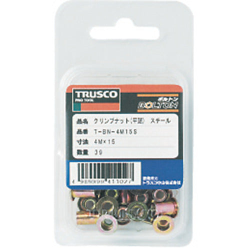 ＴＲＵＳＣＯ　クリンプナット平頭スチール　板厚１．５　Ｍ４Ｘ０．７　（３９個入）　T-BN-4M15S　1 PK