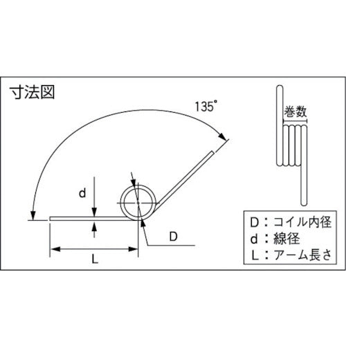 ＴＲＵＳＣＯ　【売切り廃番】ＴＲＵＳＣＯ　トーションばね　Ｄ３ＸＬ１２　角度１３５　２巻　２０個入　TTS0303-12-B2　1 PK