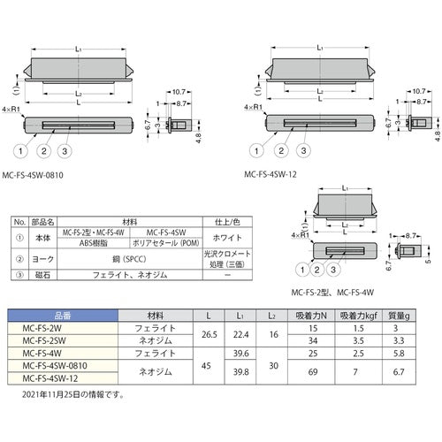 ＳＵＧＡＴＳＵＮＥ　（１４００４６４０２）　ＭＣ−ＦＳ−４ＳＷ−０８１０　薄型マグネットキャッチ　吸着力６９Ｎ　MC-FS-4SW-0810　1 個