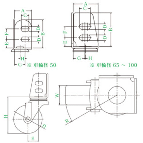 유에이 앵글 자재 캐스터 고무 바퀴 직경 50mm 스토퍼 부착 S타입 SA-S형 설치 치수 19×19, 15.5 SA-50RS 1개