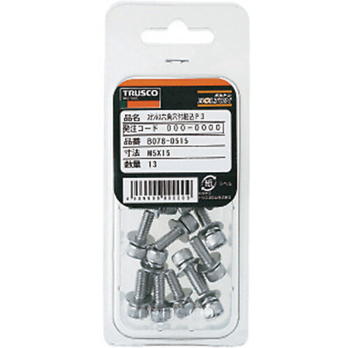 ＴＲＵＳＣＯ　座金組込六角穴付ボルト　Ｐ＝３　ステンレス　Ｍ６×２０　９本入　（座金組込みキャップボルト　ばね座金＋ＪＩＳワッシャー付き）　B078-0620　1 PK