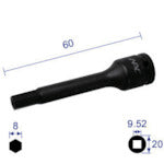 너크 헥사곤 렌치 소켓 롱 타입 삽입각 9.52x대변 8mmx60L 308C60 1개