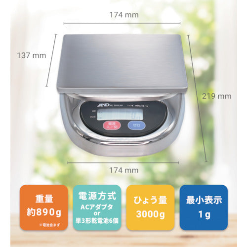 A&amp;D 방진·방수 디지털 저울 워터 보이 접시 치수 174×137mm HL3000LWP 1대