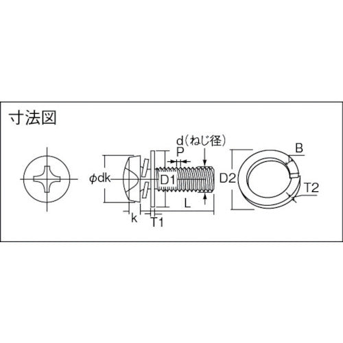 ＴＲＵＳＣＯ　ナベ頭座金組込ねじ　Ｐ＝４　三価白　Ｍ４×１０　７２本入　（ばね座金＋ＪＩＳ小形ワッシャー付き）　B751-0410　1 PK