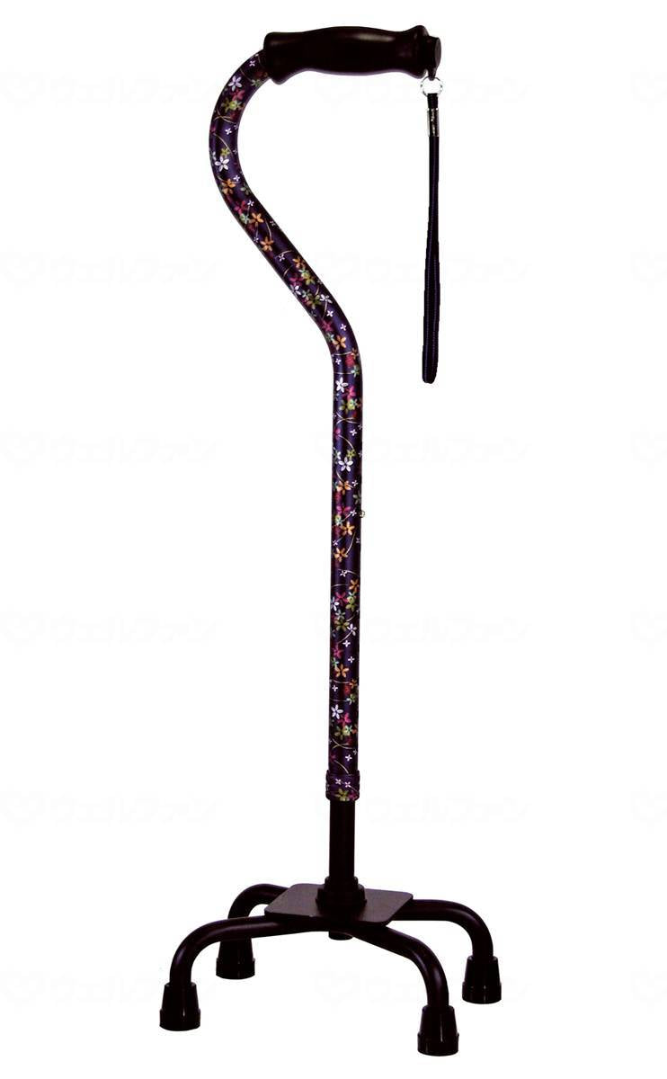 Shima Seisakusho All Aluminum Quad Cane, Stylish Four-Point Type, Low Type, Navy Blue Floral Pattern