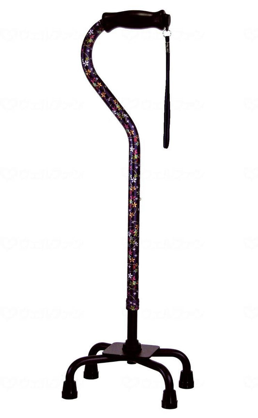 Shima Seisakusho All Aluminum Quad Cane, Stylish Four-Point Type, Low Type, Navy Blue Floral Pattern