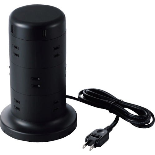 エレコム　タワー型タップ　１２個口　雷サージ付　ホコリ防止シャッター付　固定可能　２．０ｍ　ブラック　TT-U02-1220BK　1 個