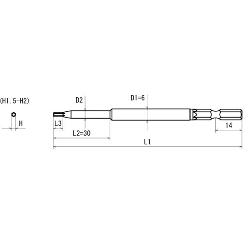 近江　六角５　溝１４差込　ヘキサゴンビット　Ｈ２　全長１００　段付φ４ｘ３０　V14XH2-100-4　10 本