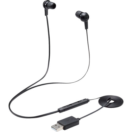 ELECOM In-ear Headset, Canal, with Mute Switch, Both Ears, USB, Black, HS-EP17UBK, 1 pc