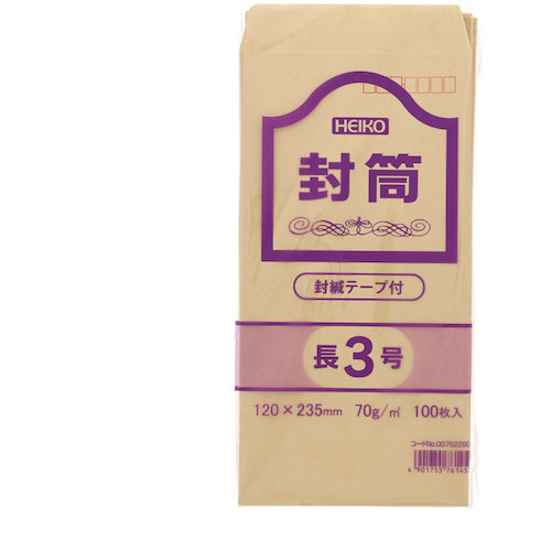 ＨＥＩＫＯ　事務用クラフト封筒　長３　７０ｇ　テープ付　郵便番号枠あり　１００枚入り　007522601　1 袋