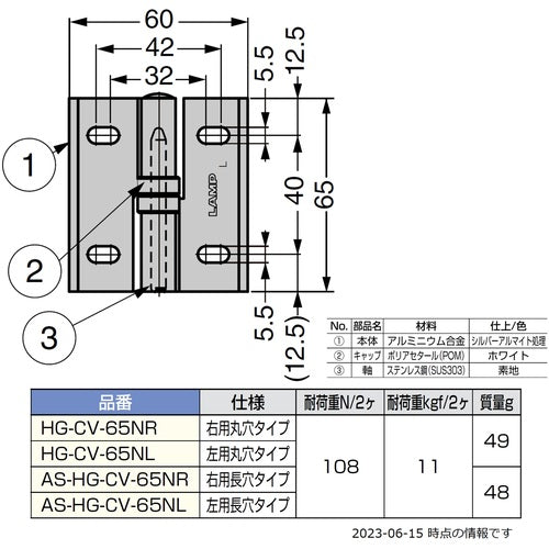 ＳＵＧＡＴＳＵＮＥ　（１７００９１４５１）　ＨＧ−ＣＶ−６５ＮＬ　クリーンヒンジ　蝶番　HG-CV65NL　1 個