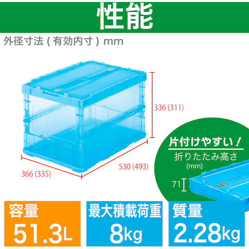 ＴＲＵＳＣＯ　オリコン　薄型折りたたみコンテナ　スケルコン　５０Ｌ　ロックフタ付　透明ブルー　青　TSK-C50B　1 個