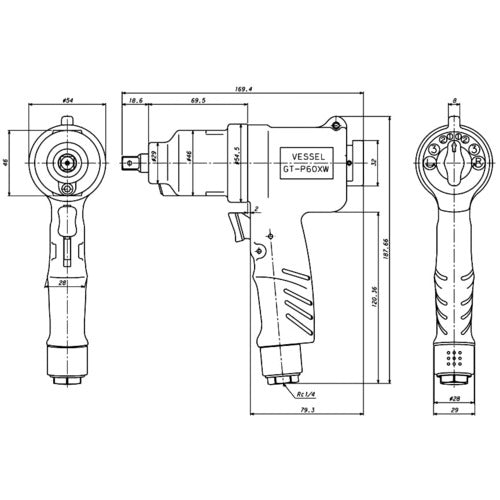 ＶＥＳＳＥＬ　エアーインパクトレンチ　ＧＴＰ６０ＸＷ　全長１６９．４ｍｍ　GT-P60XW　1 台