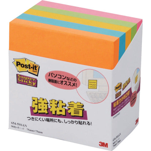 ３Ｍ　ポスト・イット　強粘着　７５Ｘ７５ｍｍ　９０枚Ｘ５パッド　５色混色　654-5SSAN　1 PK