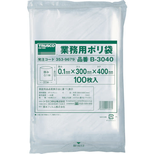 ＴＲＵＳＣＯ　厚手ポリ袋　縦４００Ｘ横３００Ｘｔ０．１　透明　（１００枚入）　B-3040　1 袋