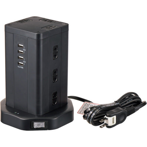 ＥＬＰＡ　タワー型タップ１２Ｐ４ＵＳＢ　WBS-TW1204USB(BK)　1 個