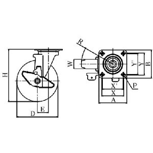 ユーエイ　プレート式　自在　キャスター　ゴム　車輪径１２５ｍｍ　ストッパー付き　Ｊタイプ　ＲＪ２−Ｓ型　取付寸法８０×８０（７５×７５）　RJ2-125NWRS　1 個