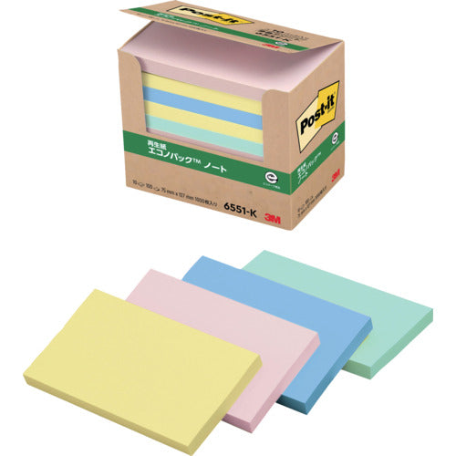 ３Ｍ　ふせん　ポスト・イット　ノート　７５×１２７ｍｍ　１００枚×１０パッド　４色混色　6551-K　1 箱