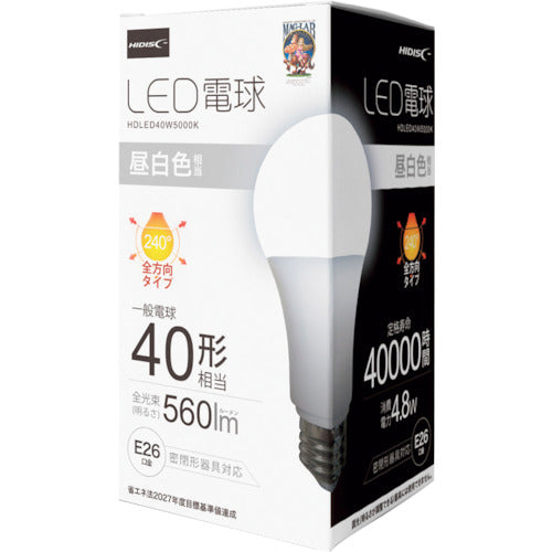 ハイディスク　ＬＥＤ電球（一般電球４０形相当）昼白色　HDLED40W5000K　1 個