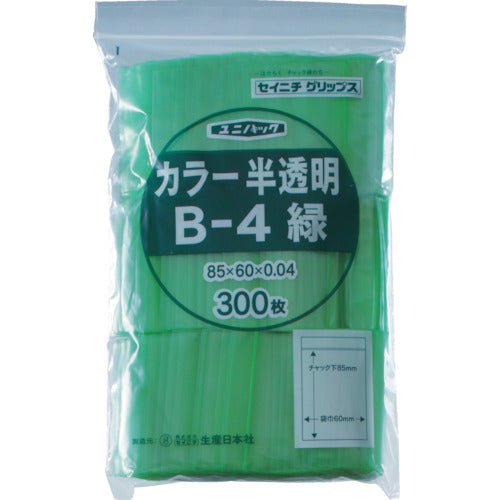 セイニチ　チャック付ポリ袋　ユニパック　Ｂ−４　半透明緑　縦８５×横６０×厚さ０．０４ｍｍ　３００枚入　B-4-CG　1 袋