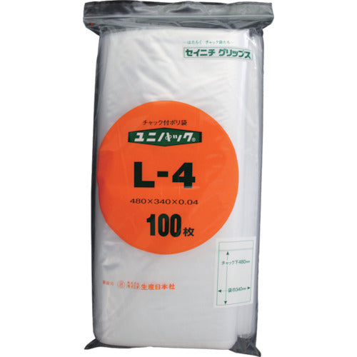 SEINICHI Ziplock Plastic Bags Unipack L-4 Transparent 480mm long x 340mm wide x 0.04mm thick 100 pieces L-4 1 bag