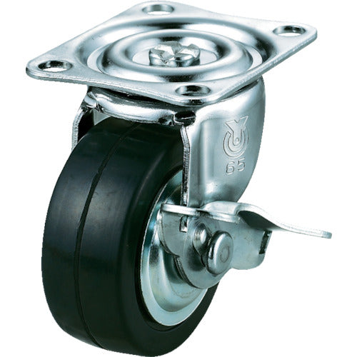 YUEI Plate-type Swivel Caster, Rubber, Wheel Diameter 38mm, With Stopper, G Type, G-S Type, Mounting Dimensions 36 x 28, G-38RS, 1 Piece