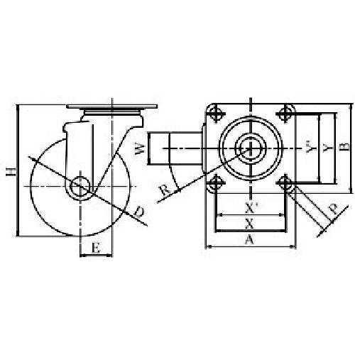 YUEI Plate-type Swivel Caster, Rubber, Wheel Diameter 125mm, J Type, SJ Type, Mounting Dimensions 80 x 80 (75 x 75), SJ-125W-P, 1 pc