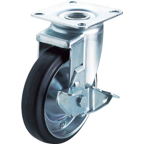 YUEI Plate-type Swivel Caster, Rubber, Wheel diameter 130mm, With stopper, J type, J2-S type, Mounting dimensions 80x80 (75x75), WJ2-130S, 1 piece