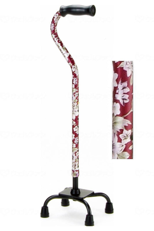 Makitec Aluminum 4-Point Support Cane 50 Series Red Floral Pattern