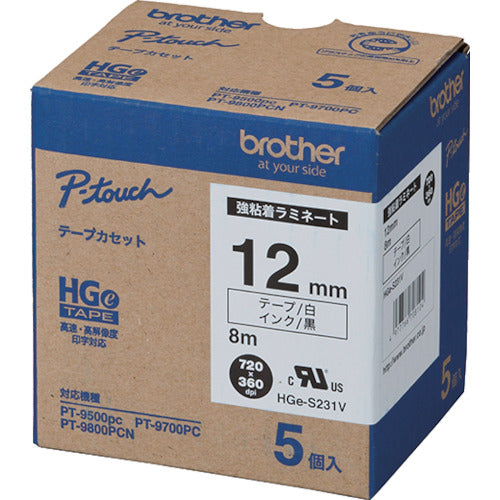 ブラザー　ＨＧＥＳテープ（強粘着）　黒文字／白地／１２ｍｍ　HGE-S231V　1 PK