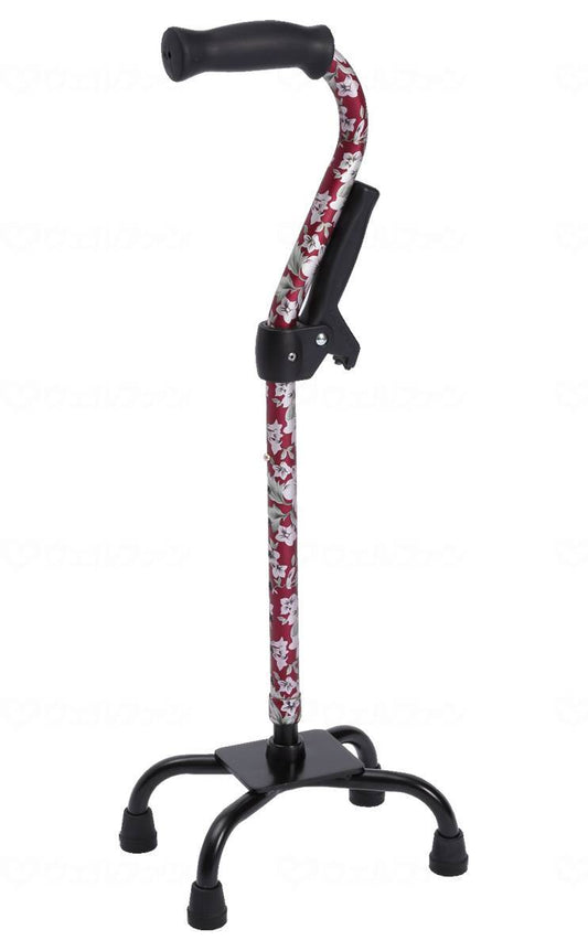 Fuji Home Four-Point Cane with Support Grip, Floral Pattern Red